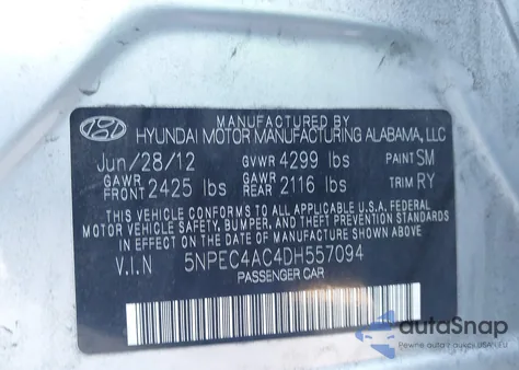 2013 Hyundai Sonata Limited z USA, uszkodzony, nr VIN 5NPEC4AC4DH557094